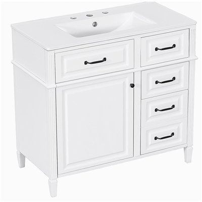 36-Inch Bathroom Vanity with Ceramic Sink Top, Solid Wood Frame and MDF Cabinet, Flip Drawer Design with Adjustable Shelf and Metal Handles, Freestanding Bathroom Storage Cabinet (Faucet Not Included)