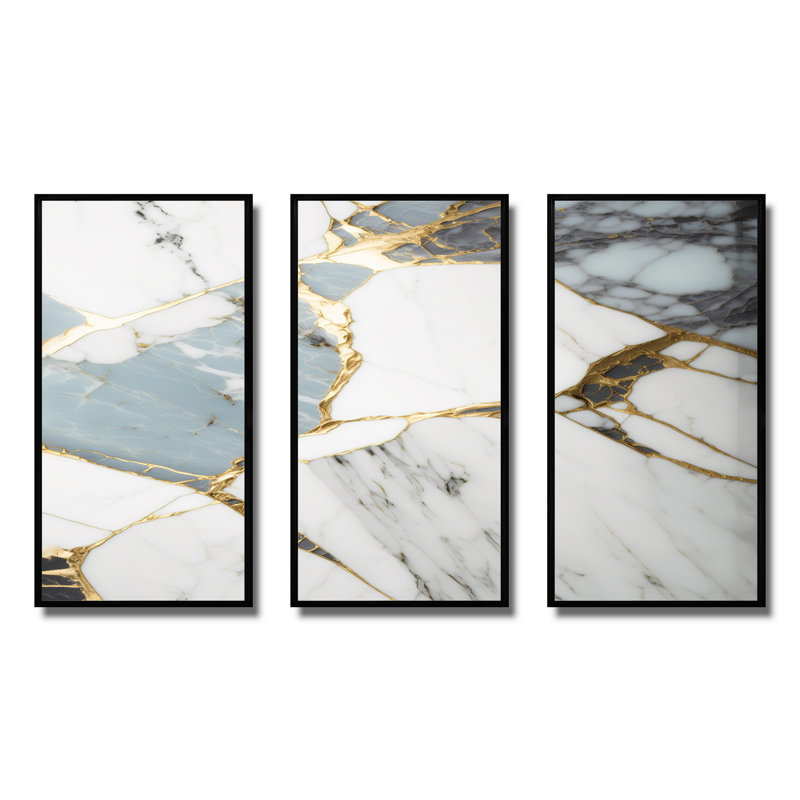 Géode abstraite dorée et marbre blanc I, reproduction sur toile 3 pièces, Cadre flottant noir, H 28 po x l 36 po x P 1 po