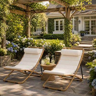 Ensemble 2 pièces de chaise longue pliante d'extérieur avec coussins, structure en acier jaune et corde tissée