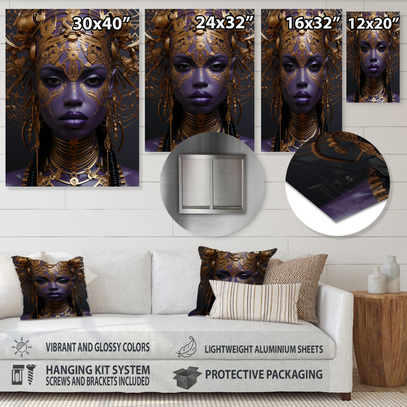 Élégance mauve et dorée femme africaine II, H 32 po x l 16 po x P 1 po
