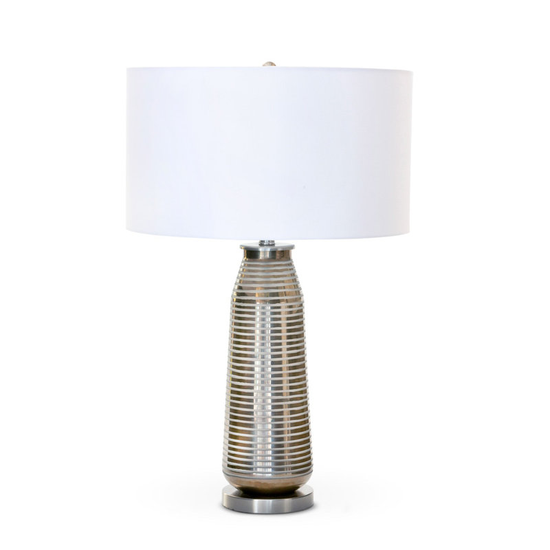 Gray Ribbed Metal Table Lamp with White Linen Shade