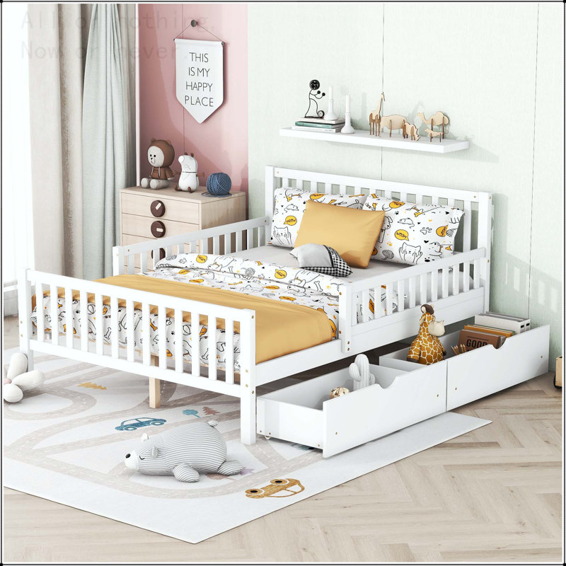 Full Size Wood Platform Bed with Storage Drawers and Safety Guardrails, White, Full