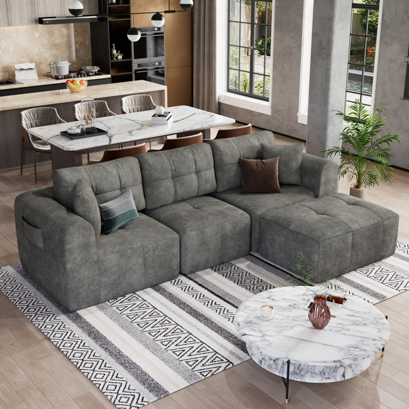 110" Modular Sectional Sofa With Deep Seat, L-Shaped Boneless Upholstered Cloud Couch With Convertible Ottoman & Wide Arms For Living Room, Chenille, No Assembly Required