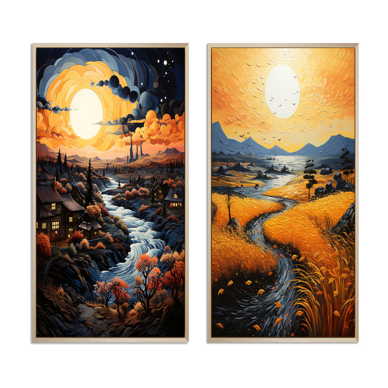 «Vangogh Village At Sunset», 2 pièces, Encadrement brun, H 40 po x l 40 po