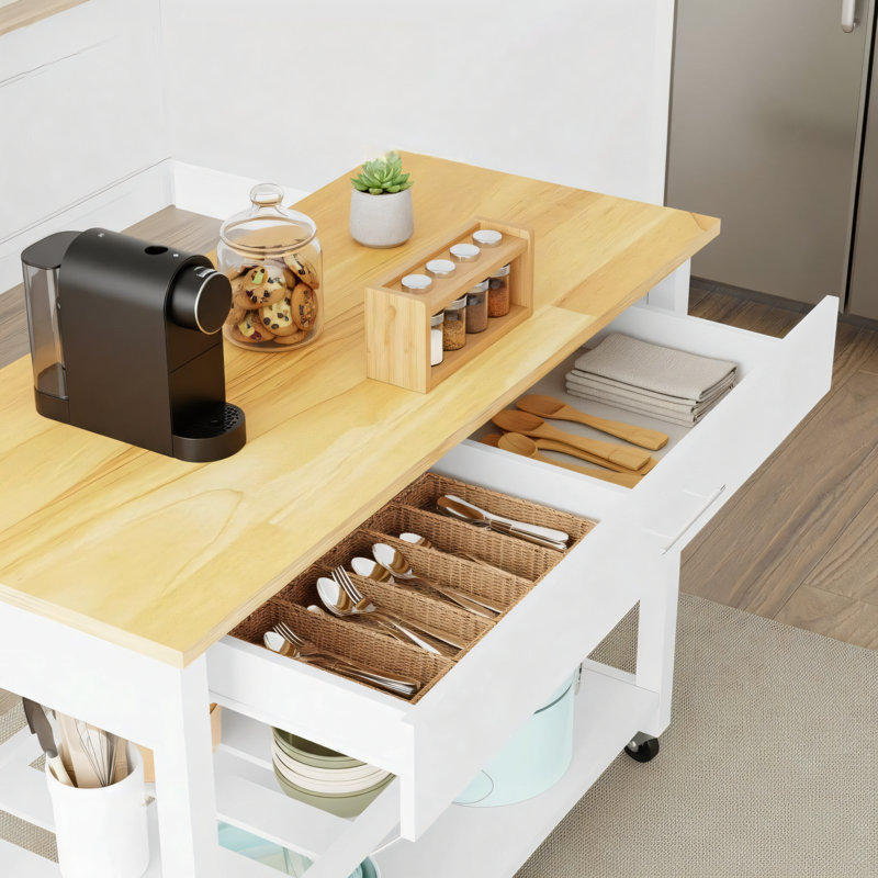 White Multi-Functional Kitchen Island Trolley With Large Countertop, Storage Cabinets, Drawers, And Open Shelves. Comes With A Towel Rack. Suitable For Kitchens And Dining Rooms; Movable.