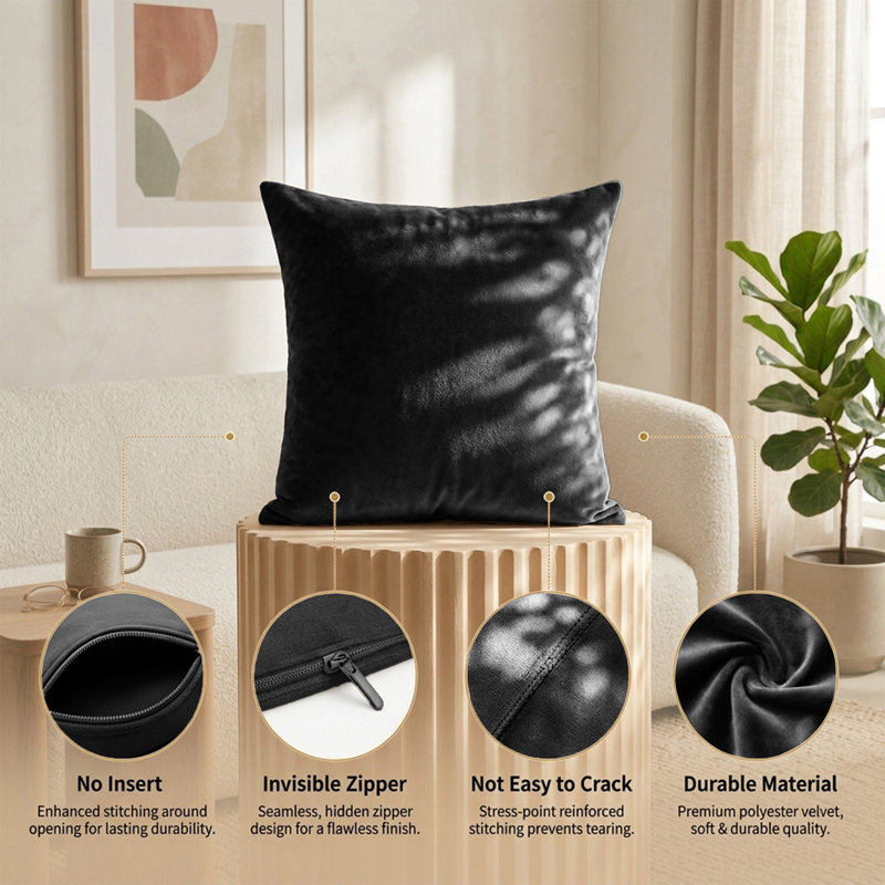 Plain Velvet Cushion Cover-(Pack of 4), Black