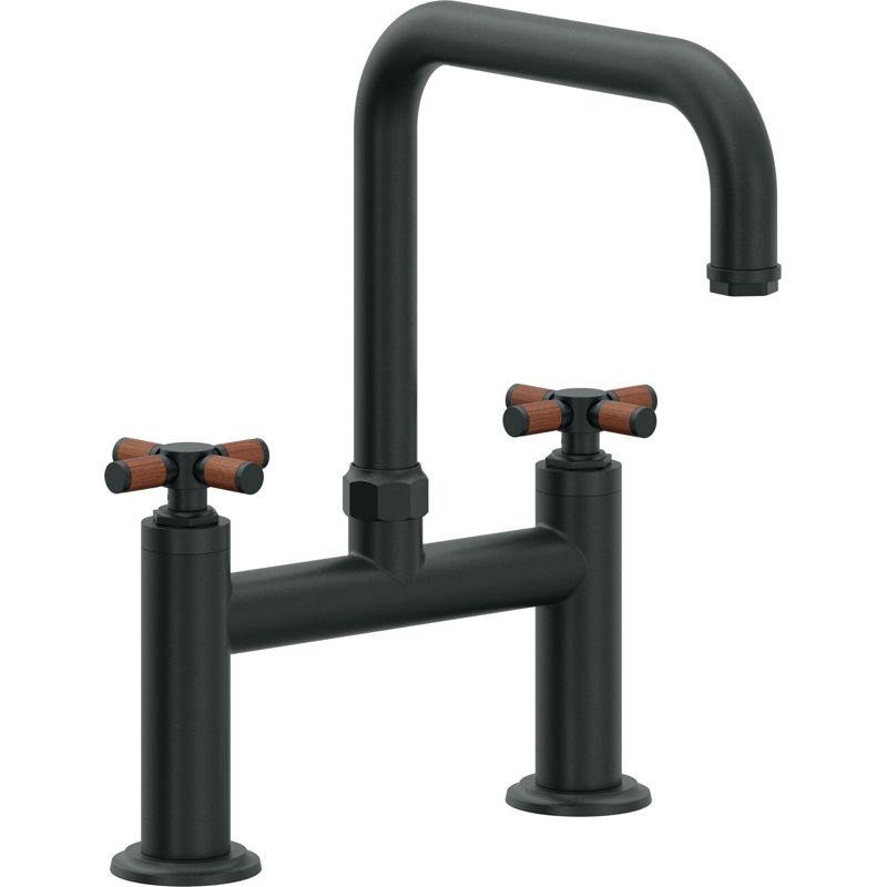 Bridge Kitchen Faucet - Quad Spout, Carbon, Without Side Spray, Teak Cross Handle