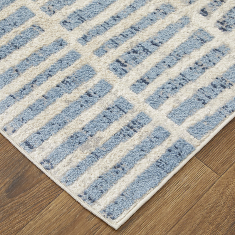 Tapis géométrique nomade, bleu / ivoire Gotay, Rectangle 4 pi 3 po x 6 pi 3 po