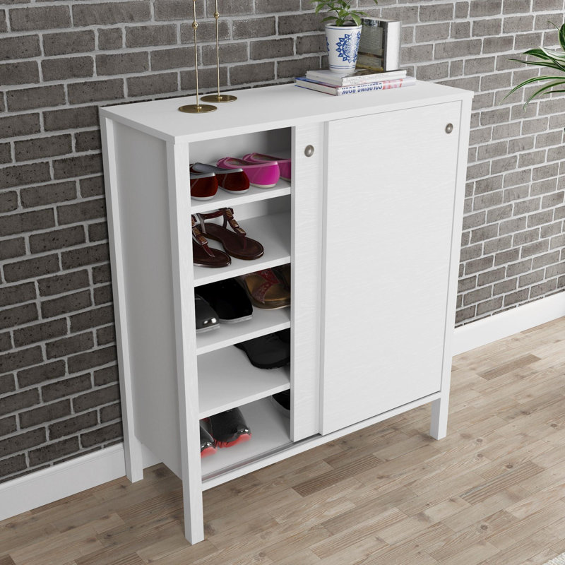 Stylish Shoe Cabinet with Metal Handle, White & Wood Finish, 36.2 x 41.7 x 15.0 inches | 100% Chipboard with MDF Frame, 0.7-inch Thickness | Wall-Mountable Design, Multiple Shelves for Organized Storage