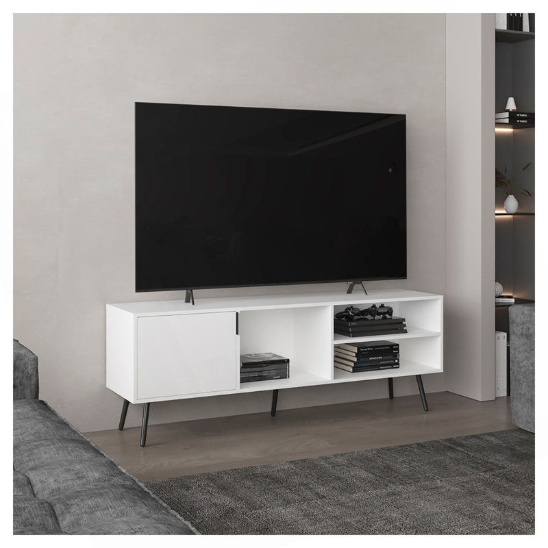 Meuble télé, 1 porte, 3 tablettes, Blanc