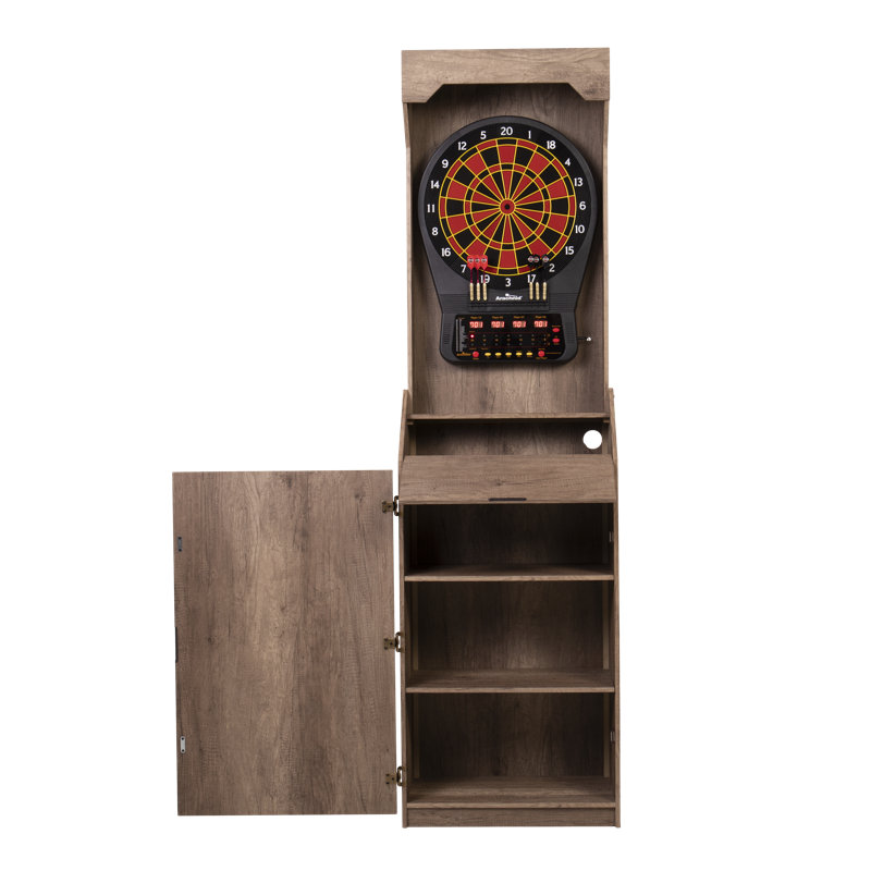 Rustic Tan Wood Grain Free Standing Dartboard Cabinet Set