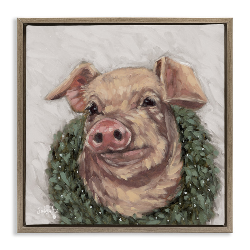 Cochon avec couronne de vacances, art mural par Sara G. Designs, Cadre flottant orme Montalcino, H 18 po x l 18 po