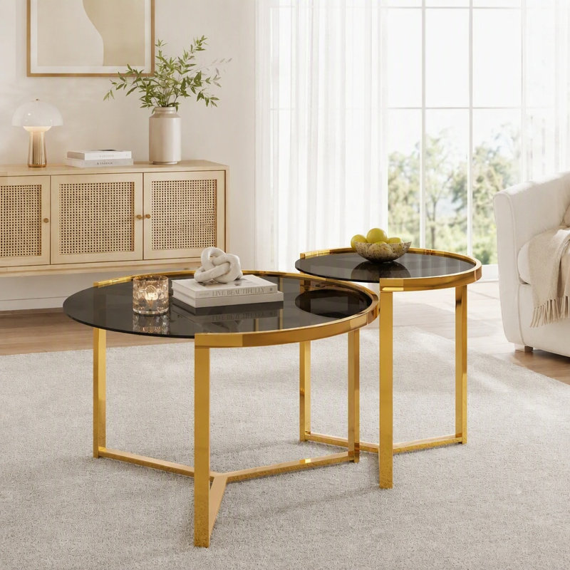 Ensemble de 2 tables gigognes rondes, table basse ronde moderne avec structure en métal, Noir