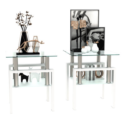 Table basse carrée moderne en verre trempé, ensemble de 2, transparent/blanc, table d'appoint pour salon, pied en métal, capacité de charge de 68 kg, montage facile, poids net de 15 kg.