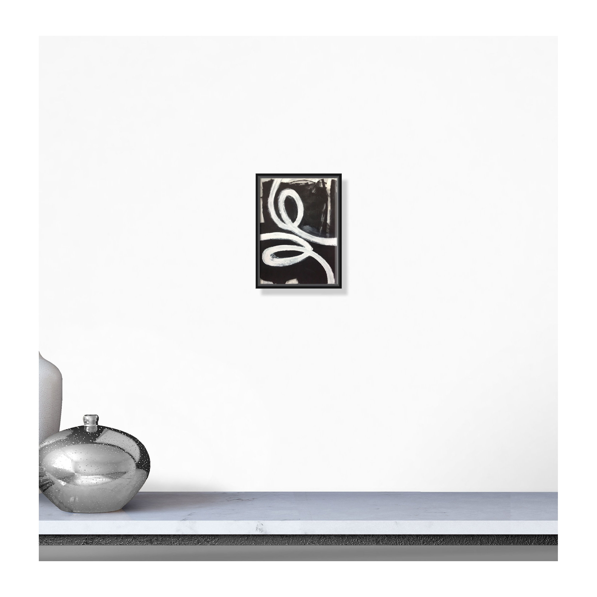 White Swirly Swirls 1 - Floater Frame Painting on Canvas, 16" H x 12" W x 2" D, Black Framed