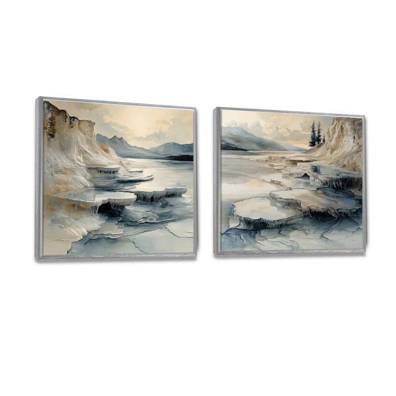 «Hot Springs» de Istanbul, Pamukkale gris, art mural industriel, 2 pièces, H 30 po x l 61 po, Impression encadrée flottante