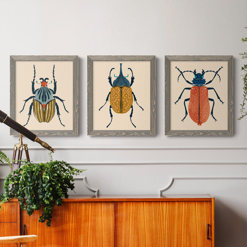 Beetle Bug I - ensemble de 3 peintures sur toile encadrées, Gris, H 24 po x l 36 po x P 1,5 po
