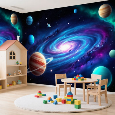 Wall Mural Peel and Stick Wallpaper Planet Galaxy Earth Like Planet Gas Giants Ringed Planet Spiral Galaxy Self-Adhesive Removable Contact Paper Wall Decor for Living Room Bedroom 100"H x 144"W