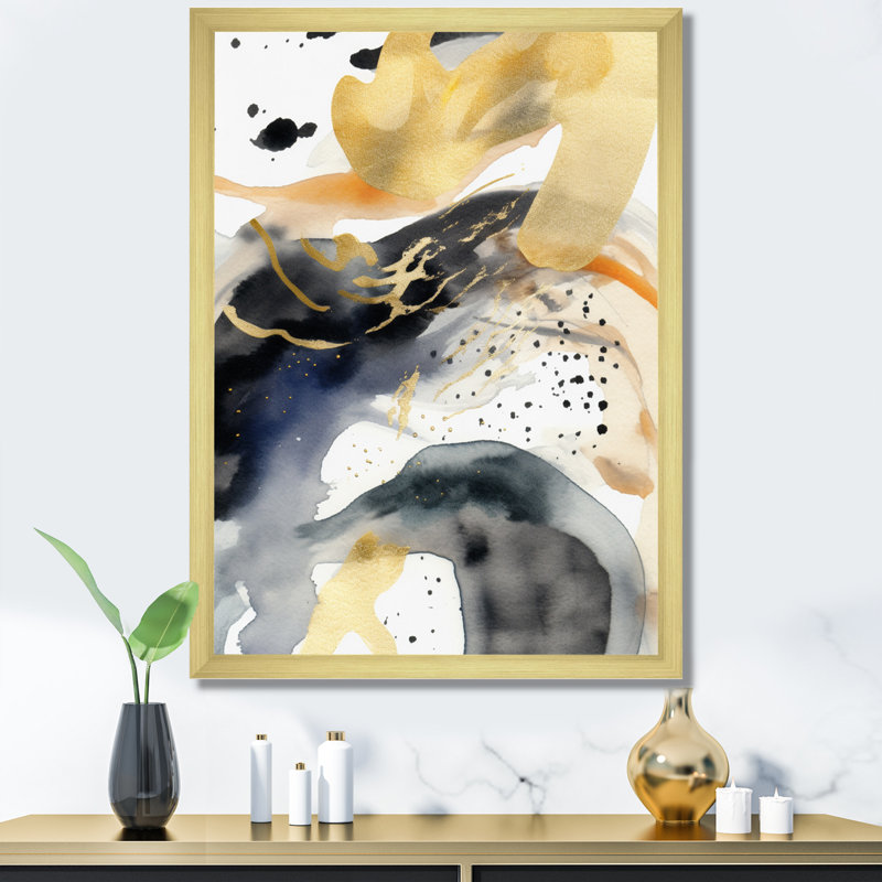 Abstrait pastel avec taches bleues noires et dorées I, Cadre doré à une seule photo, H 32 po x l 16 po x P 1 po
