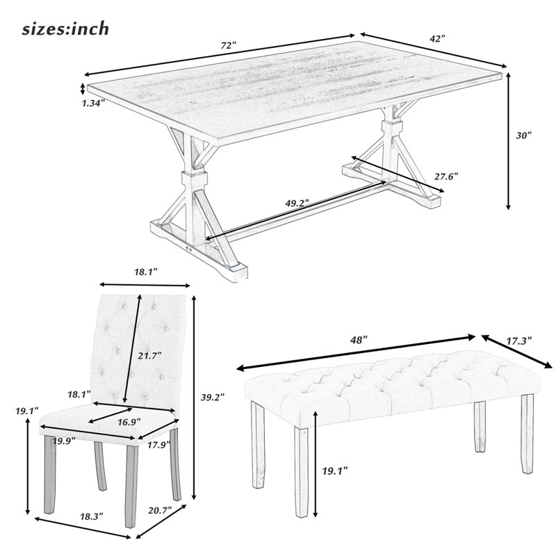 6-Piece Farmhouse Dining Table Set 72" Wood Rectangular Table, 4 Upholstered Chairs with Bench, Grey