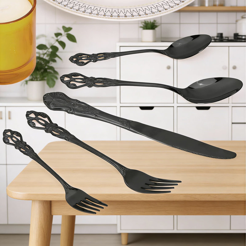 Ensemble de couverts Royal Royal noir pour 8 personnes, ensemble de couverts en acier inoxydable de qualité supérieure avec boîte-cadeau, ensemble de couverts polis miroir avec fourchettes et cuillères, service d'ustensiles allant au lave-vaisselle rétro