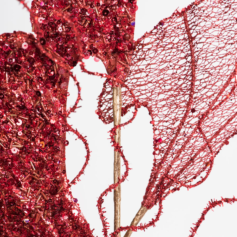 Fiddle Leaf Glitter Aritificial Christmas Spray, Red