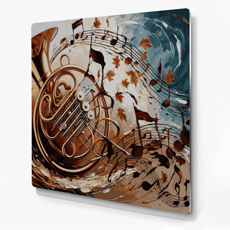 Musique, cor français, beige, art mural en métal, H 8 po x l 8 po