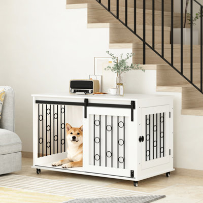38.22'' Modern Dog Crate Furniture, White With Sliding Barn Door And Side For Indoor Small To Medium Dogs, Metal Bars, Lockable Wheels, Functional Top Surface Easy Assembly Mobility Crate, Kennel Bars