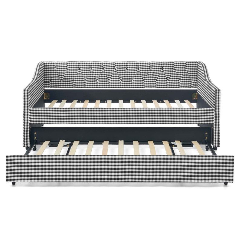Lit de jour convertible rembourré avec dossier capitonné, canapé-lit polyvalent 3 en 1 avec lit gigogne escamotable et rangement latéral