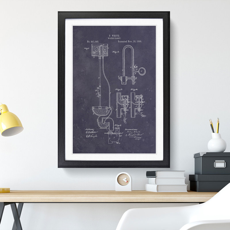 Toilet Water Closet Patent Dark - Picture Frame Graphic Art, 48cm H x 36cm W x 2cm D, Black