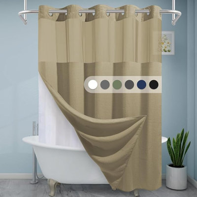 Beige No Hook Shower Curtain With Snap In Liner,230GSM Waffle Weave Shower Curtains For Bathroom,71W X 74H