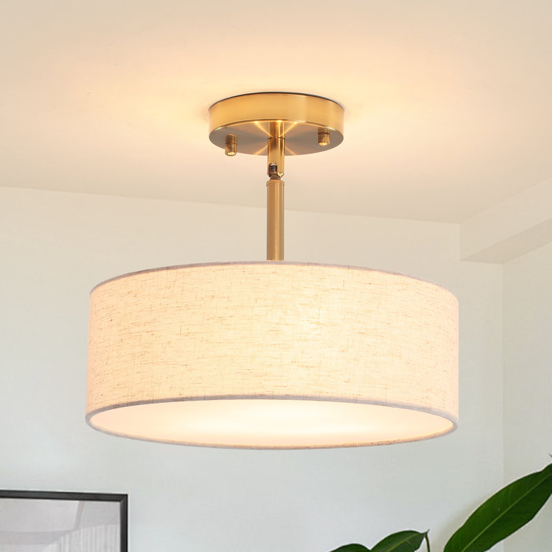 Ihor 3-Light 12.6" Wide Drum Linen Blend Semi Flush Mount Ceiling Light with White Fabric Shade-12.6" W x 10.83"  H, Gold