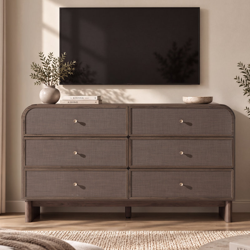 Commode en rotin à 6 tiroirs avec coins arrondis, 140 cm de largeur, meuble télé moderne et robuste, Chêne brun