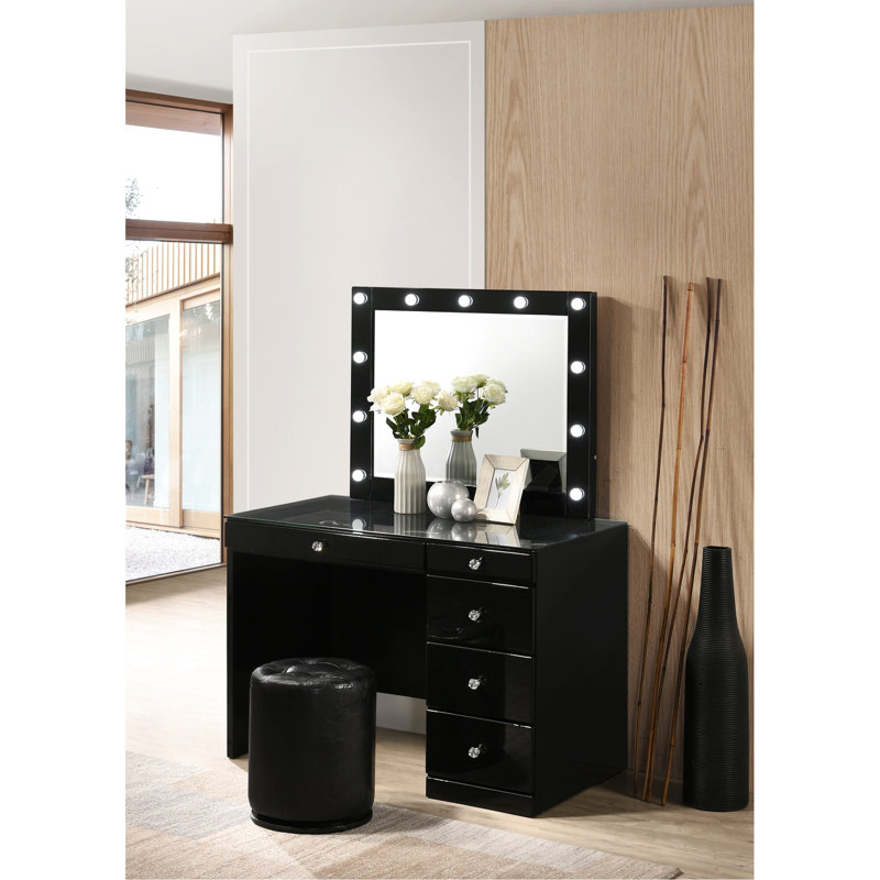 Bedroom Makeup Vanity Table With 5 Drawers, Black Glass Top And Crystal For Design Contemporary Finish, Black