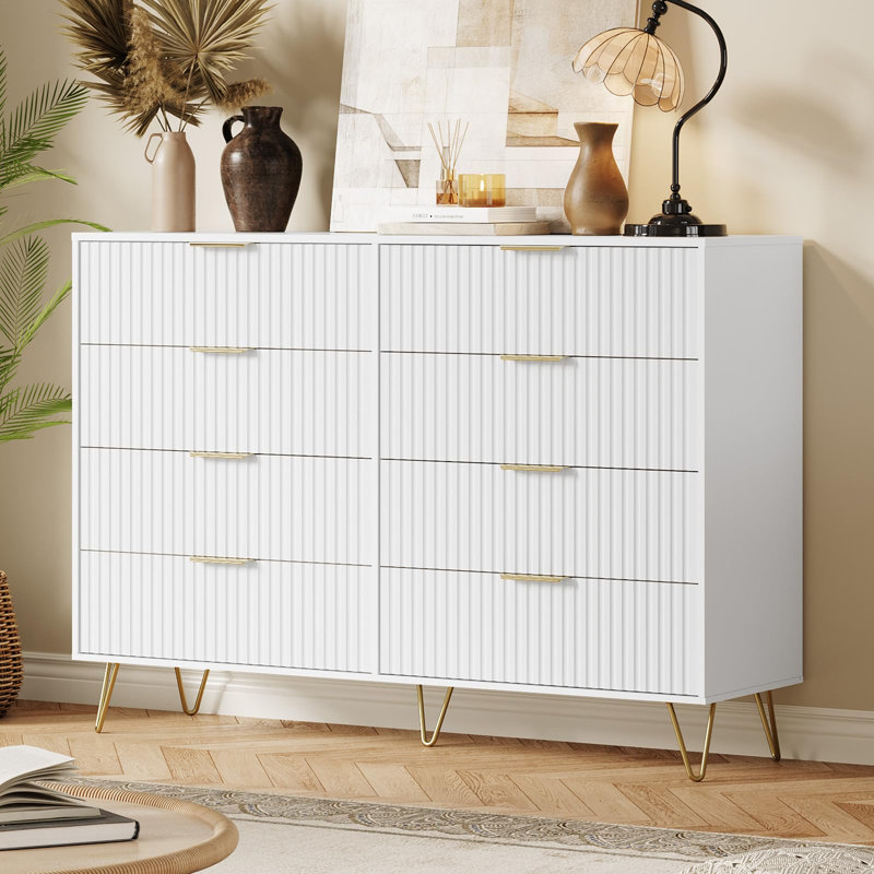 55" Wide Fluted 8 Drawer Dresser with Metal Handles, Modern Wood Storage Chest, White