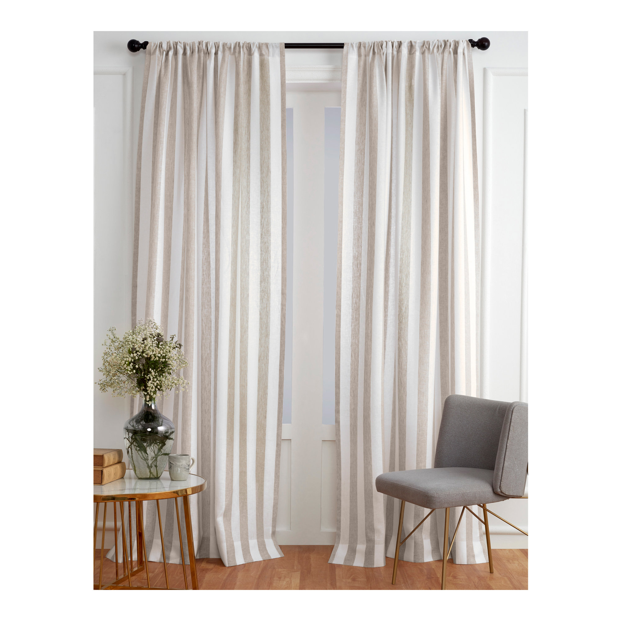  Stripe - 100% Pure Linen Curtain, Natural and White, 52" W x 84" L