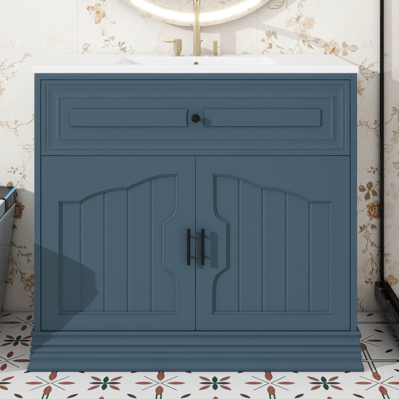 Meuble-lavabo 36 po avec armoire de rangement en céramique, Bleu / Noir