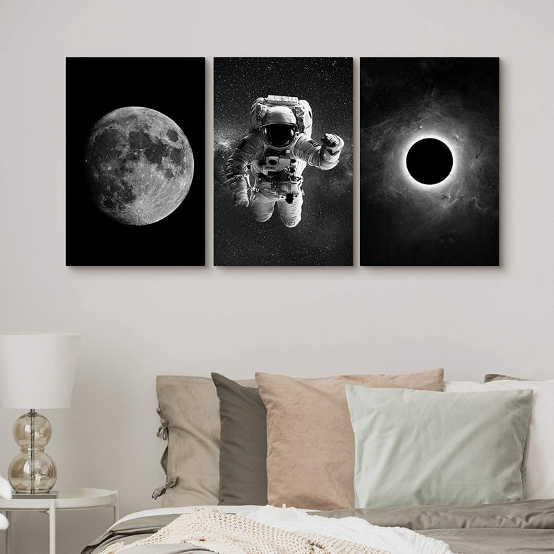 IDÉE4WALL 3 panneaux d'art mural, astronaute, grande éclipse, lune, enfants, peinture sur toile, décoration murale pour le salon, décorations encadrées pour la maison - 24 po x 36 po x 3 panneaux