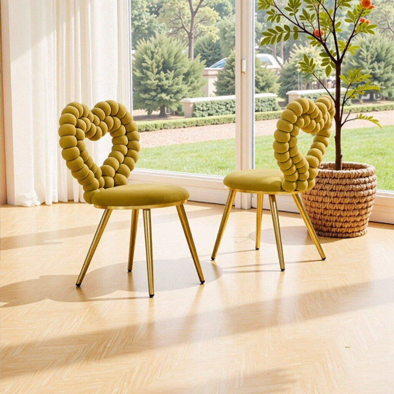 Ensemble de 2 fauteuils d'appoint en velours capitonné en forme de cœur avec cadre en métal doré pour le salon, Doré, jaune
