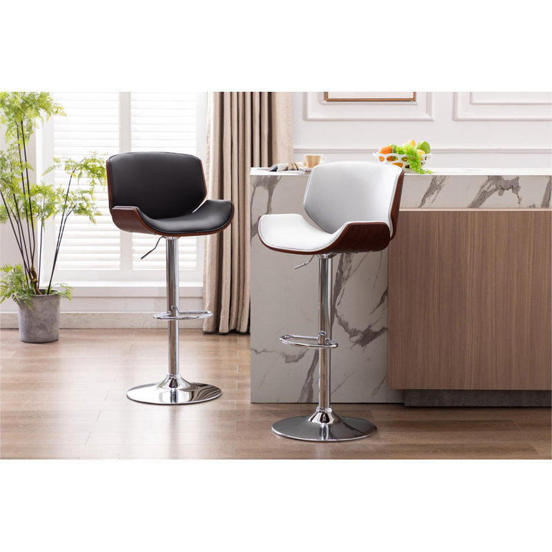 Maximo Swivel Adjustable Height Faux Leather Mid-Century Bar Stool, Black