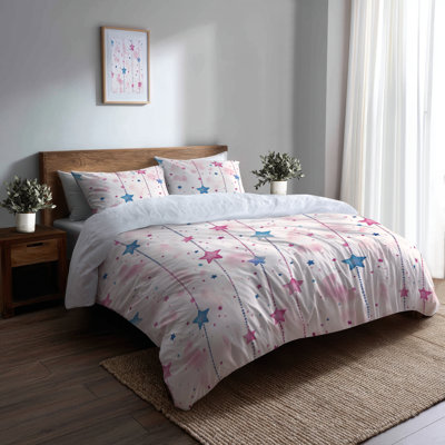 Celestial Bedding Set Of 3 - Decorative Childrens Sweet Star Chains Duvet Cover And Throw Cushion Set