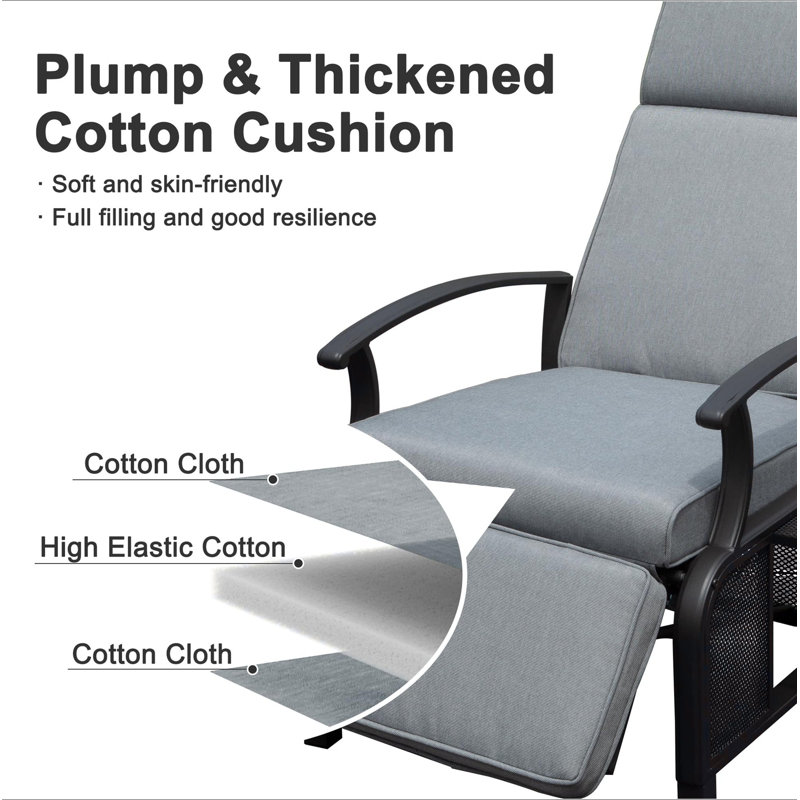 Chaise longue d'extérieur réglable en métal pour fauteuil inclinable avec dossier rabattable, angle réglable, coussins amovibles, support 350 lb