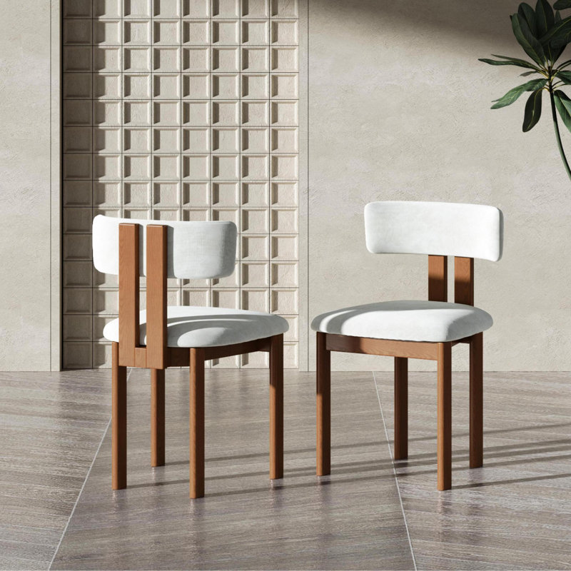 Mid-Century Modern Cotton Linen Wood Dining Chairs, Beige & Light Walnut Side Chairs, Fully Assembled, Light Walnut 