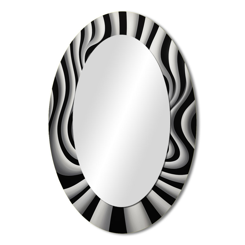 Black White Optical Art Dream I - Abstract Oval Decorative Mirror On Metal, 36" x 24"