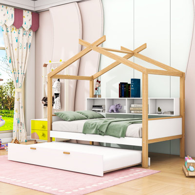 Twin Wooden Bed With Trundle And Bookshelf Storage