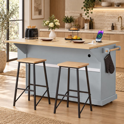 Îlot de cuisine de 164 cm (64,6 pouces) avec rangement pour poubelle, abattant, prise électrique, 3 tiroirs et roulettes verrouillables