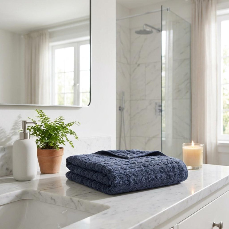 Ensemble de trois serviettes de toilette géométriques bleu marine en coton turc