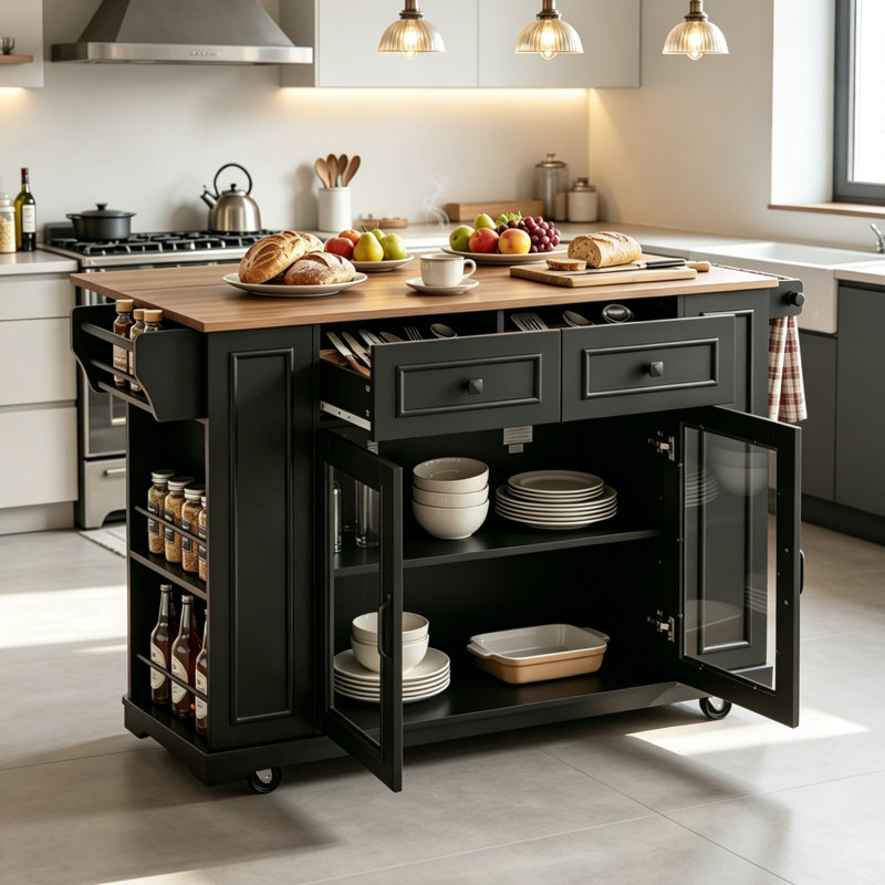 54" Wide Rolling Kitchen Island With Solid Wood Top, Power Outlets And Glass Cabinet Doors, Black