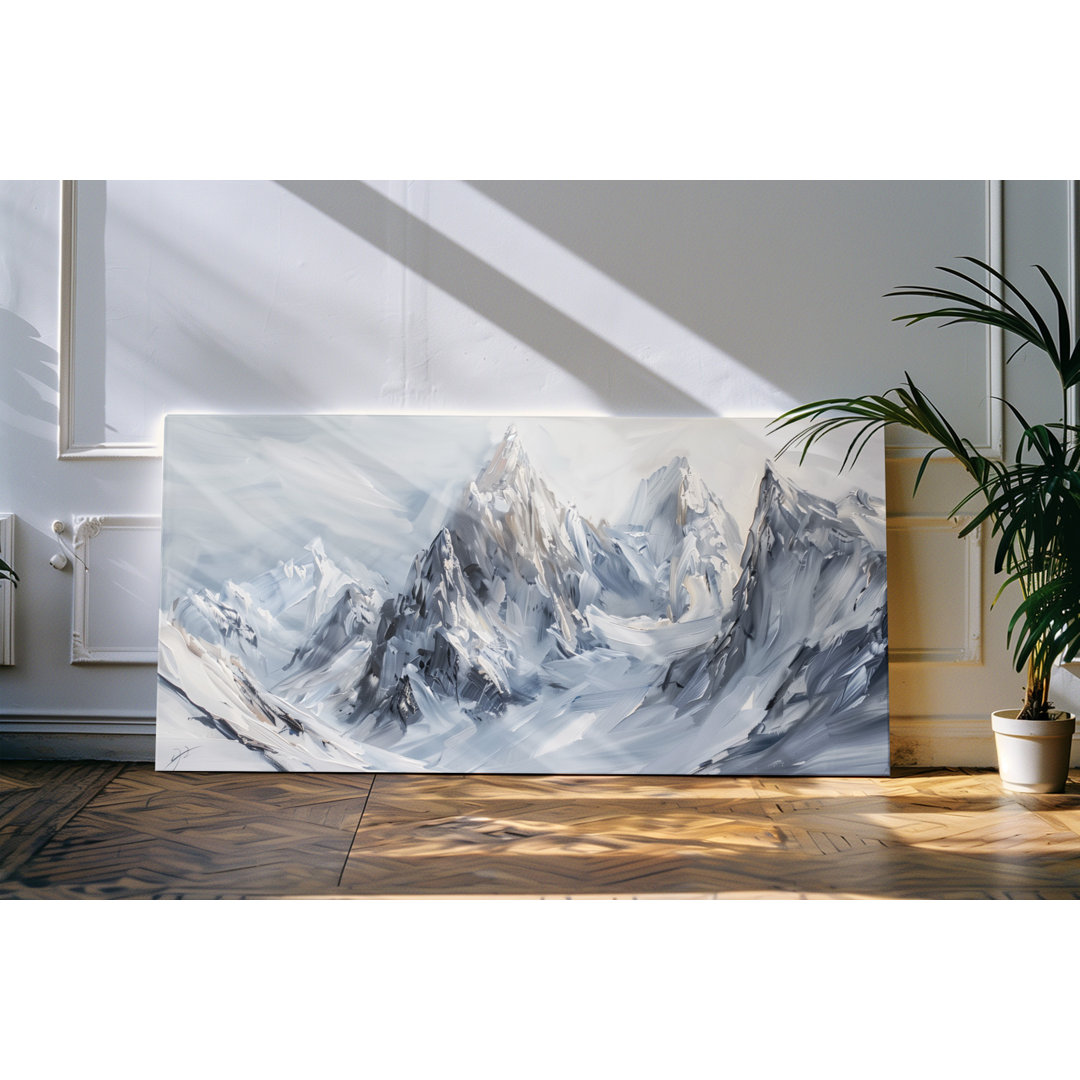 Gerahmtes Bild auf Leinwand 120x60cm Schnee Berge Natur Kunstvoll Weiß Bergspitzen