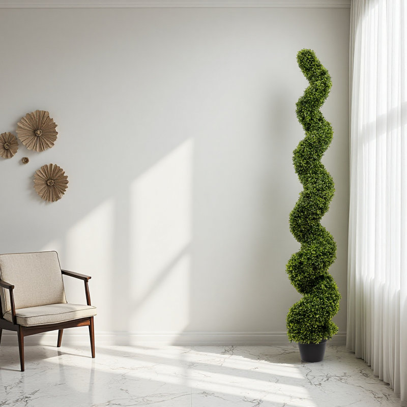 Topiaire en buis en spirale 6 pi - Arbres artificiels résistants aux rayons UV et nécessitant peu d'entretien - Ensemble de 2 pièces